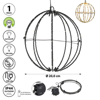 LED Kugel zum Aufhängen schwarz 100 LEDs warmweiß Ø20cm Eisen Kunststoff Timer Zuleitung 1m Weihnachtsbeleuchtung Leuchtkugel IP44 Gartendekoration