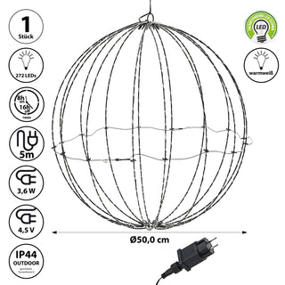 LED Kugel zum Aufhängen schwarz 272 LEDs warmweiß Ø50cm Eisen Kunststoff Timer Zuleitung 5m Weihnachtsbeleuchtung Leuchtkugel IP44 Gartendekoration