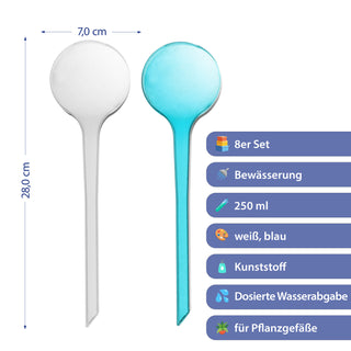 Bewässerungskugel 8er Set 7x28cm Kunststoff blau weiß transparent Bewässerungssystem Durstkugel Wasserspender