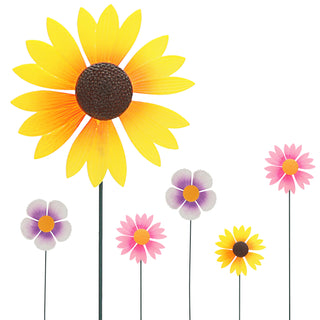 Windrad Blume 6er Set 3 Motive 13x46x4cm Kunststoff Eisen gelb pink lila Beetstecker Windspiel Gartendekoration
