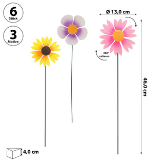 Windrad Blume 6er Set 3 Motive 13x46x4cm Kunststoff Eisen gelb pink lila Beetstecker Windspiel Gartendekoration