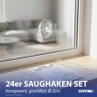 Saughaken 24er Set geschlitzt PVC PP Ø2cm transparent Fensterhaken Saugnäpfe Haken ohne Bohren rückstandlos wiederverwendbar