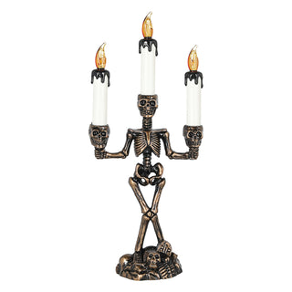 LED Kerzenständer Totenkopf dreiarmig 15x36x8cm schwarz gold weiß Plastik gelb flackernd Halloween Kandelaber Totenköpfe