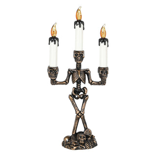 LED Kerzenständer Totenkopf dreiarmig 15x36x8cm schwarz gold weiß Plastik gelb flackernd Halloween Kandelaber Totenköpfe