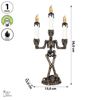 LED Kerzenständer Totenkopf dreiarmig 15x36x8cm schwarz gold weiß Plastik gelb flackernd Halloween Kandelaber Totenköpfe