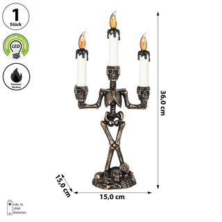 LED Kerzenständer Totenkopf dreiarmig 15x36x8cm schwarz gold weiß Plastik gelb flackernd Halloween Kandelaber Totenköpfe