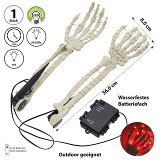 LED Skelett Hände Erdspieß 8x36cm Plastik 50 Leds rot leuchtend Timerfunktion Knochenhand Horrordekoration Outdoor