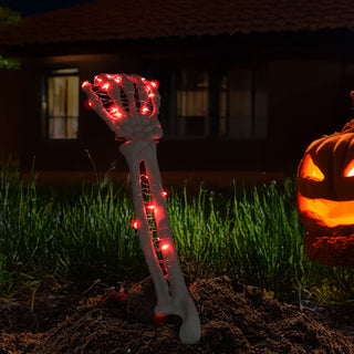 LED Skelett Hände Erdspieß 8x36cm Plastik 50 Leds rot leuchtend Timerfunktion Knochenhand Horrordekoration Outdoor