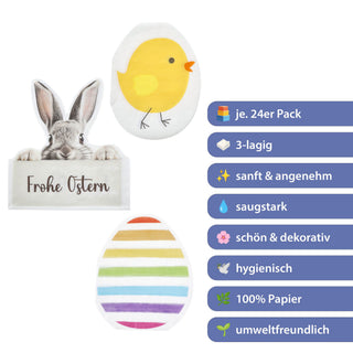 Servietten 'Frohe Ostern' Silhouettenform 72er Set-lagig Papierserviette mehrfarbig Hasenkopf Osterei Küken für Osterdekoration