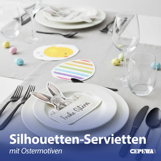 Servietten 'Frohe Ostern' Silhouettenform 72er Set-lagig Papierserviette mehrfarbig Hasenkopf Osterei Küken für Osterdekoration