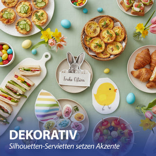Servietten 'Frohe Ostern' Silhouettenform 72er Set-lagig Papierserviette mehrfarbig Hasenkopf Osterei Küken für Osterdekoration
