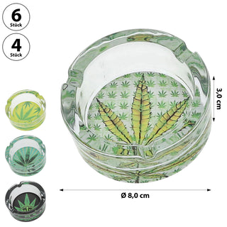 Glasaschenbecher 'Weed' 6er Set Ø8cm Glas rund Aschenbecher Ascher stapelbar Tischaschenbecher Cannabis-Design