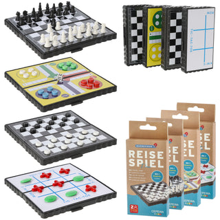 Reisespiele 4er Set magnetisch Kunststoff 13x13cm Dame Schach TicTacToe Ludo Miniatur-Brettspiele faltbar einzeln verpackt