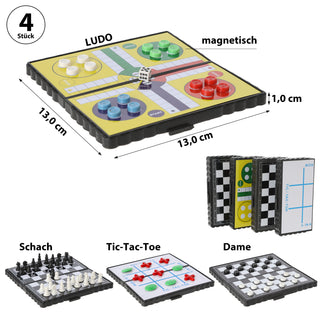 Reisespiele 4er Set magnetisch Kunststoff 13x13cm Dame Schach TicTacToe Ludo Miniatur-Brettspiele faltbar einzeln verpackt