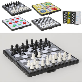 Reisespiele 4er Set magnetisch Kunststoff 13x13cm Dame Schach TicTacToe Ludo Miniatur-Brettspiele faltbar einzeln verpackt