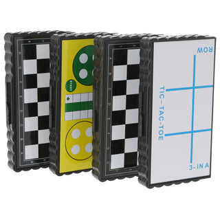 Reisespiele 4er Set magnetisch Kunststoff 13x13cm Dame Schach TicTacToe Ludo Miniatur-Brettspiele faltbar einzeln verpackt