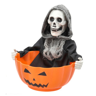 Halloween Sensenmann in Kürbisschale animiert 26x28x29cm Polyester PP An-/Ausschalter Licht Sound Bewegung Bewegungssensor Horrordekoration