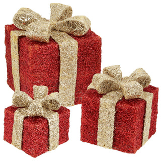 LED Geschenk 3er Set rot gold 10 LEDs warmweiß 3 Größen Kunststoff Timer batteriebetrieben Geschenkboxen Weihnachtsbeleuchtung