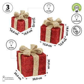 LED Geschenk 3er Set rot gold 10 LEDs warmweiß 3 Größen Kunststoff Timer batteriebetrieben Geschenkboxen Weihnachtsbeleuchtung