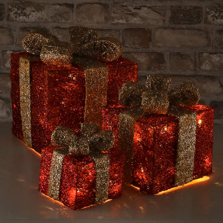 LED Geschenk 3er Set rot gold 10 LEDs warmweiß 3 Größen Kunststoff Timer batteriebetrieben Geschenkboxen Weihnachtsbeleuchtung