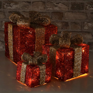 LED Geschenk 3er Set rot gold 10 LEDs warmweiß 3 Größen Kunststoff Timer batteriebetrieben Geschenkboxen Weihnachtsbeleuchtung