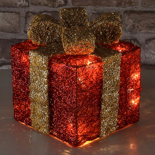 LED Geschenk 3er Set rot gold 10 LEDs warmweiß 3 Größen Kunststoff Timer batteriebetrieben Geschenkboxen Weihnachtsbeleuchtung