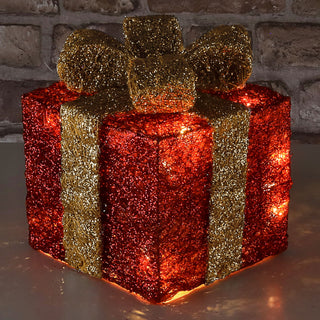 LED Geschenk 3er Set rot gold 10 LEDs warmweiß 3 Größen Kunststoff Timer batteriebetrieben Geschenkboxen Weihnachtsbeleuchtung