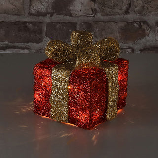 LED Geschenk 3er Set rot gold 10 LEDs warmweiß 3 Größen Kunststoff Timer batteriebetrieben Geschenkboxen Weihnachtsbeleuchtung