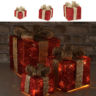 LED Geschenk 3er Set rot gold 10 LEDs warmweiß 3 Größen Kunststoff Timer batteriebetrieben Geschenkboxen Weihnachtsbeleuchtung
