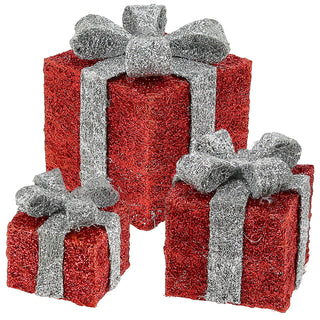 LED Geschenk 3er Set rot silber 10 LEDs warmweiß 3 Größen Kunststoff Timer batteriebetrieben Geschenkboxen Weihnachtsbeleuchtung