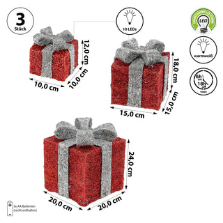 LED Geschenk 3er Set rot silber 10 LEDs warmweiß 3 Größen Kunststoff Timer batteriebetrieben Geschenkboxen Weihnachtsbeleuchtung
