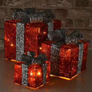 LED Geschenk 3er Set rot silber 10 LEDs warmweiß 3 Größen Kunststoff Timer batteriebetrieben Geschenkboxen Weihnachtsbeleuchtung
