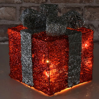 LED Geschenk 3er Set rot silber 10 LEDs warmweiß 3 Größen Kunststoff Timer batteriebetrieben Geschenkboxen Weihnachtsbeleuchtung