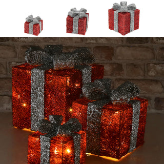 LED Geschenk 3er Set rot silber 10 LEDs warmweiß 3 Größen Kunststoff Timer batteriebetrieben Geschenkboxen Weihnachtsbeleuchtung