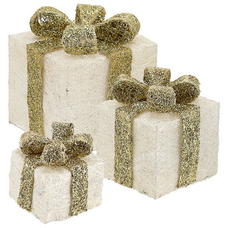 LED Geschenk 3er Set creme gold 10 LEDs warmweiß 3 Größen Kunststoff Timer batteriebetrieben Geschenkboxen Weihnachtsbeleuchtung