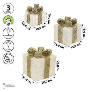 LED Geschenk 3er Set creme gold 10 LEDs warmweiß 3 Größen Kunststoff Timer batteriebetrieben Geschenkboxen Weihnachtsbeleuchtung