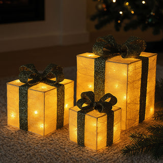 LED Geschenk 3er Set creme gold 10 LEDs warmweiß 3 Größen Kunststoff Timer batteriebetrieben Geschenkboxen Weihnachtsbeleuchtung