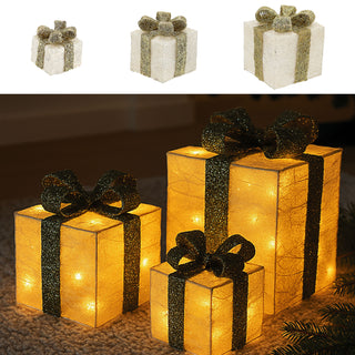 LED Geschenk 3er Set creme gold 10 LEDs warmweiß 3 Größen Kunststoff Timer batteriebetrieben Geschenkboxen Weihnachtsbeleuchtung