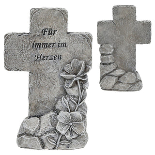 Grabdeko Kreuz mit Spruch 'Für immer im Herzen' 9x16x4cm grau Polyresin Grabschmuck Grab Inschrift Dekostein Friedhofsdekoration