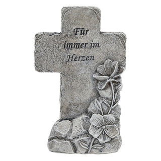 Grabdeko Kreuz mit Spruch 'Für immer im Herzen' 9x16x4cm grau Polyresin Grabschmuck Grab Inschrift Dekostein Friedhofsdekoration