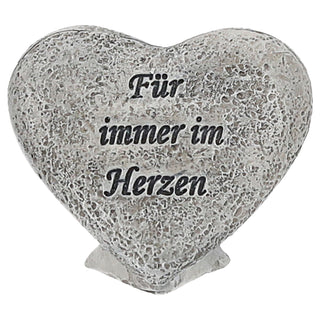 Grabdeko Herz mit Spruch 'Für immer im Herzen' 7x6x3cm grau Polyresin Grabschmuck stehend Grab Inschrift Dekostein Friedhofsdekoration