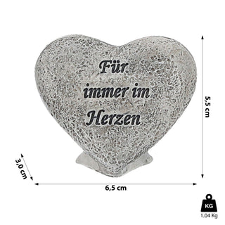Grabdeko Herz mit Spruch 'Für immer im Herzen' 7x6x3cm grau Polyresin Grabschmuck stehend Grab Inschrift Dekostein Friedhofsdekoration