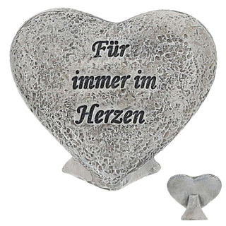 Grabdeko Herz mit Spruch 'Für immer im Herzen' 7x6x3cm grau Polyresin Grabschmuck stehend Grab Inschrift Dekostein Friedhofsdekoration