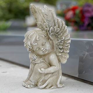 Grabdeko Engel 7x13cm grau Polyresin Grabschmuck sitzend Grab Dekoengel mit Flügeln Friedhofsdekoration Engelsfigur