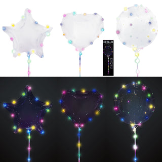LED Bobo Ballon 6er Set je 2x Herz Stern Kugel PVC Latex 30 bunte LEDs Stab 60cm Luftballon Ballonlichter Partydekoration