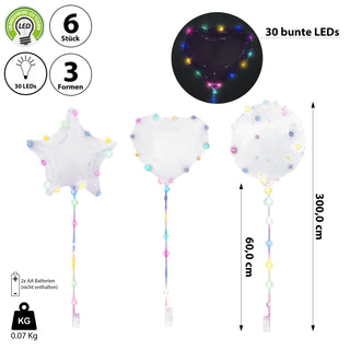 LED Bobo Ballon 6er Set je 2x Herz Stern Kugel PVC Latex 30 bunte LEDs Stab 60cm Luftballon Ballonlichter Partydekoration
