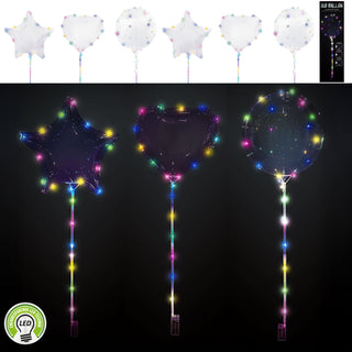 LED Bobo Ballon 6er Set je 2x Herz Stern Kugel PVC Latex 30 bunte LEDs Stab 60cm Luftballon Ballonlichter Partydekoration