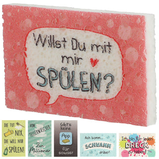Magischer Schwamm Pop Up 6er Set Sprüche 11x7cm Cellulose bunt wiederverwendbar Haushalts-Reinigungsschwamm