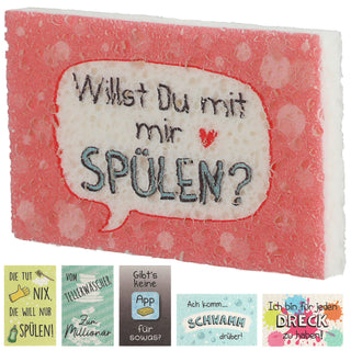 Magischer Schwamm Pop Up 6er Set Sprüche 11x7cm Cellulose bunt wiederverwendbar Haushalts-Reinigungsschwamm