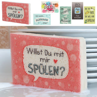 Magischer Schwamm Pop Up 6er Set Sprüche 11x7cm Cellulose bunt wiederverwendbar Haushalts-Reinigungsschwamm